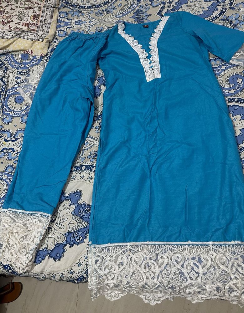 New Teal Kurta Set with Lace