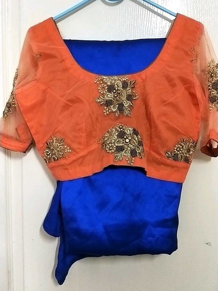 Gorgeous Orange &amp; Blue Embroidered Saree