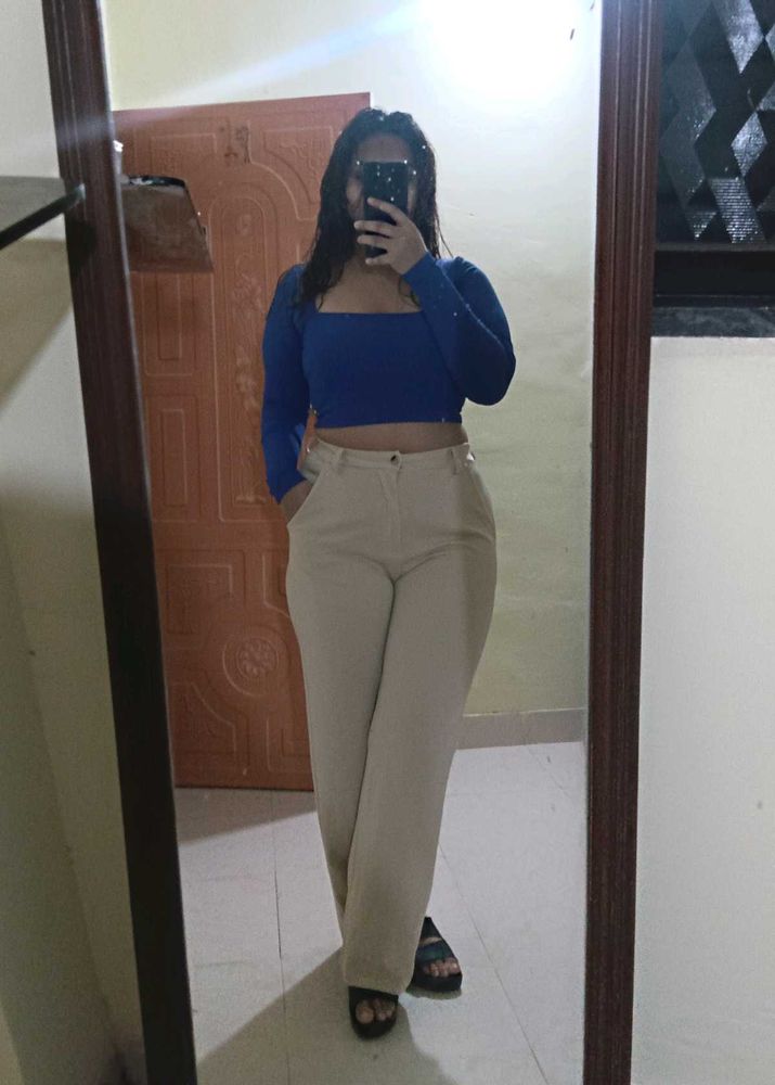 Blue Crop Top &amp; Beige Pants Set