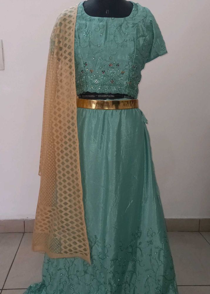 Aqua Lehenga Choli Set With Belt
