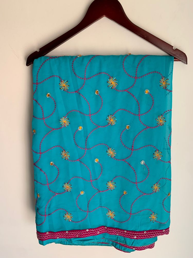 Beautiful Embroidery Blue Colour Saree