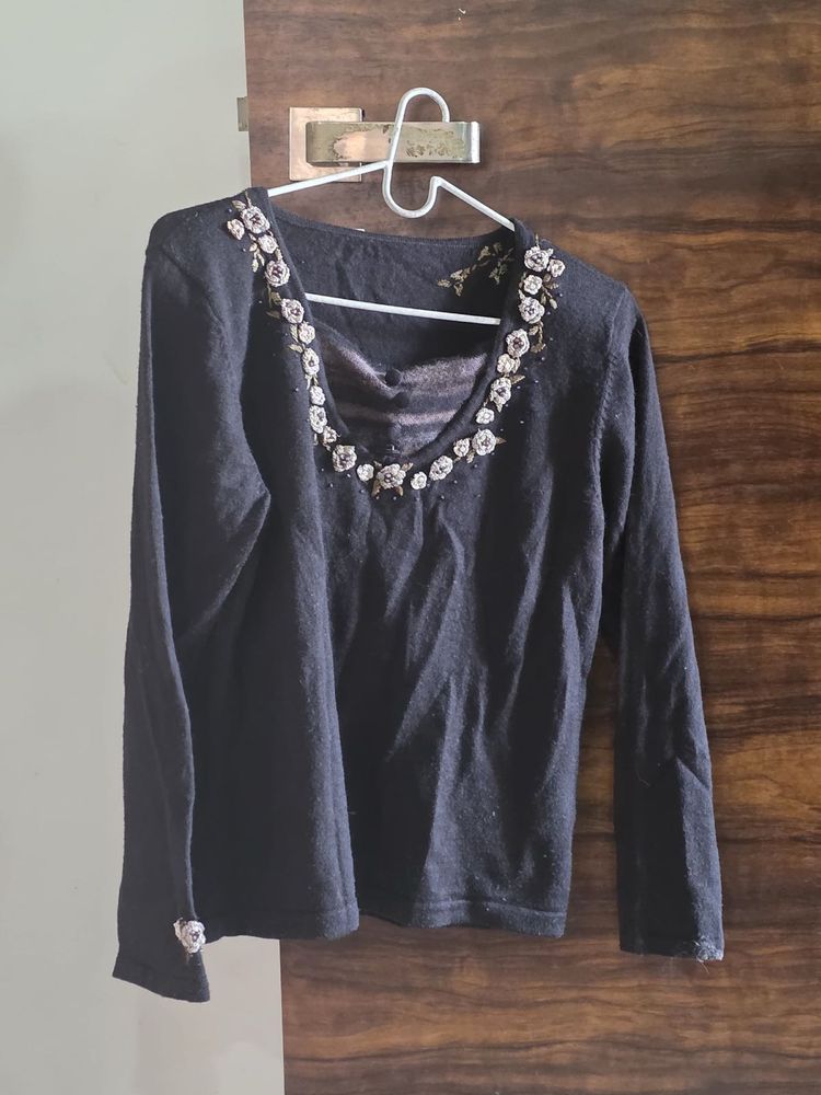 Black Floral Embellished Top