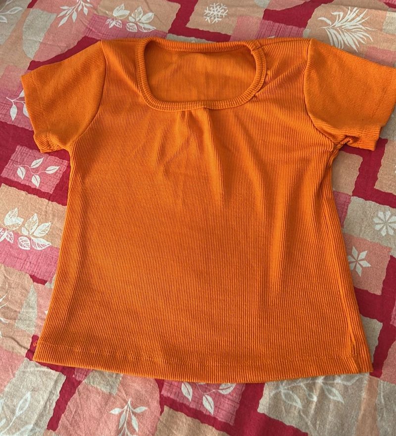Orange Ribbed Knit Short Sleeve Top