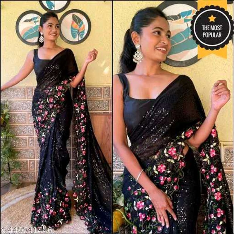 Partywear Sequence Saree Attached With Blouse