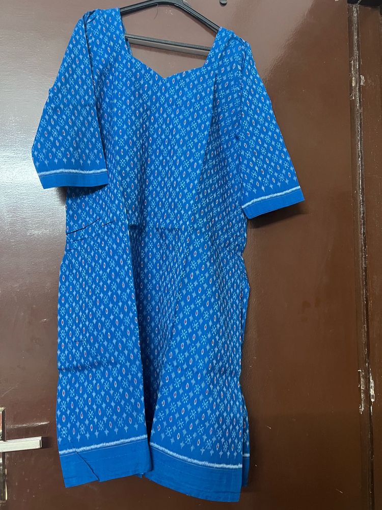 Cotton Blue Print Kurta With Dupatta