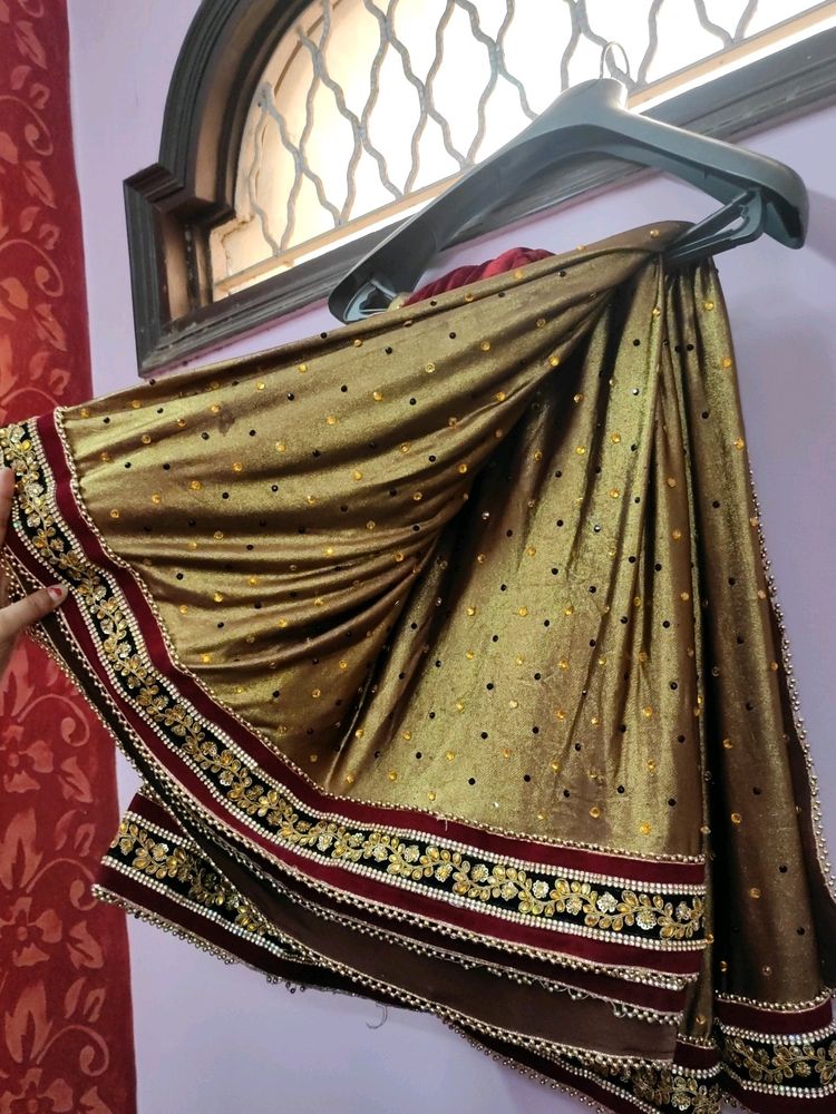 Golden- Red Saree With Designer Velvet Blouse