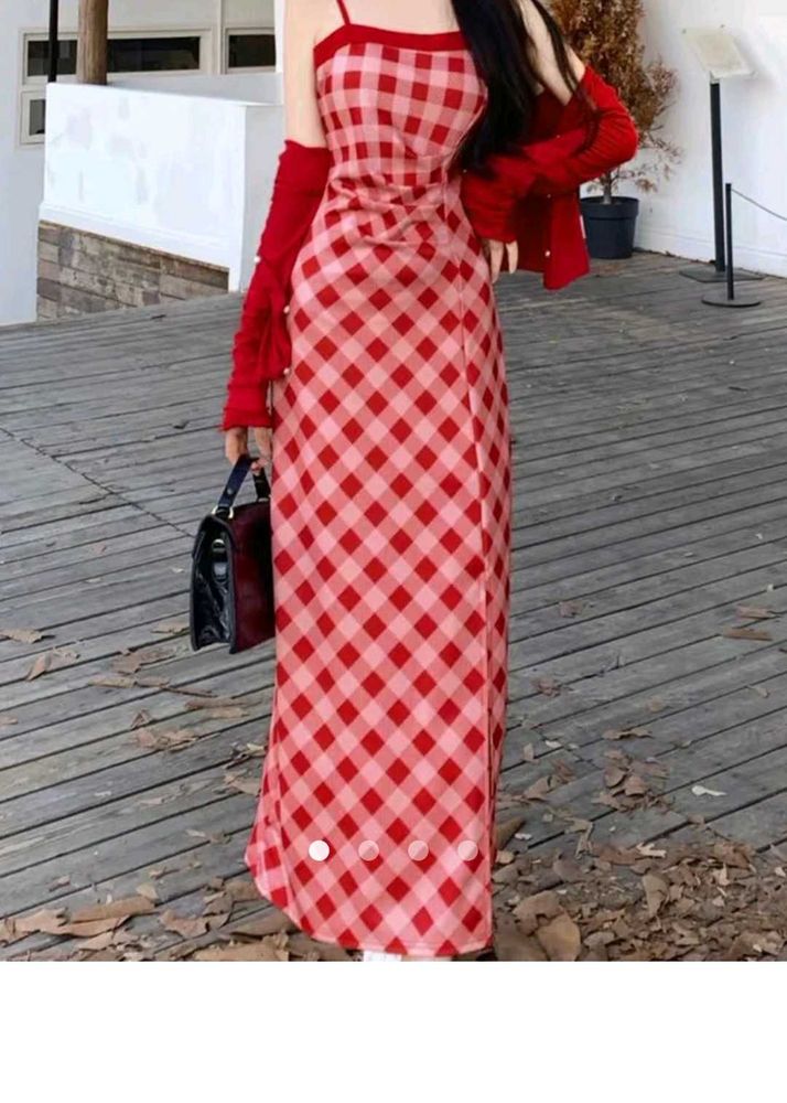 Red Gingham Maxi Dress with Slit