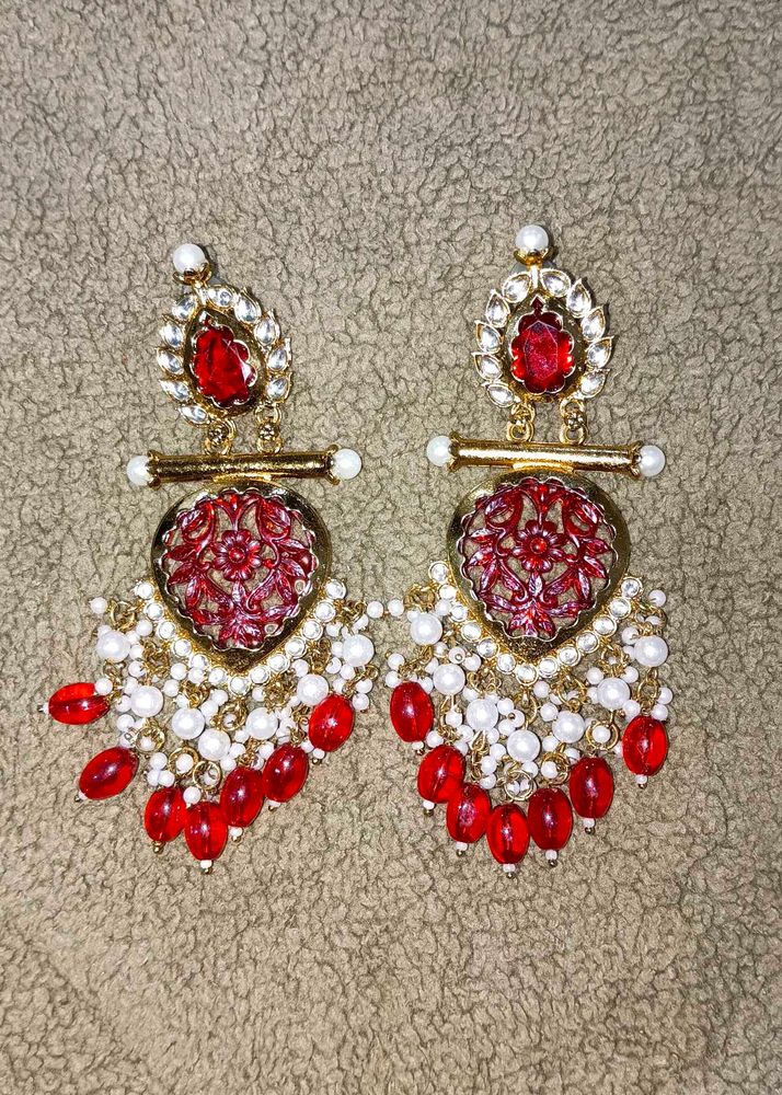 Red &amp; Gold Kundan Earrings