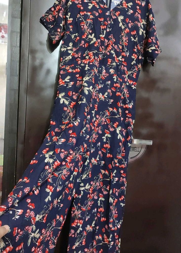 Navy Blue Multi Floral Print Jumpsuit For 38 Bust