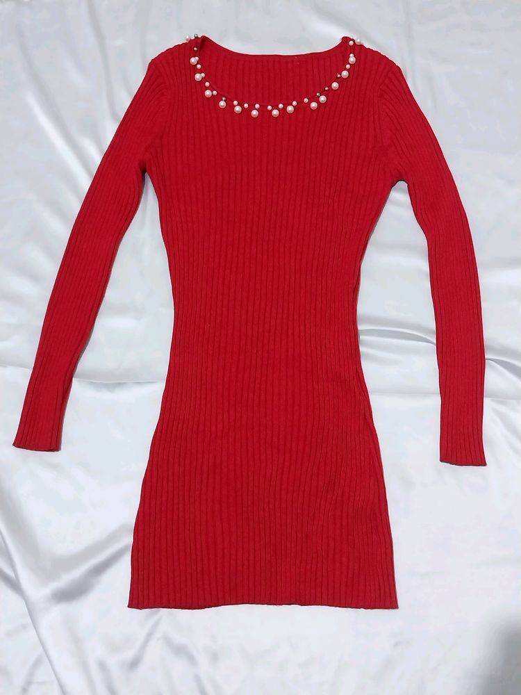 Hot Red Ribbed Bodycon Dress ( Fits - Xs , S , M )