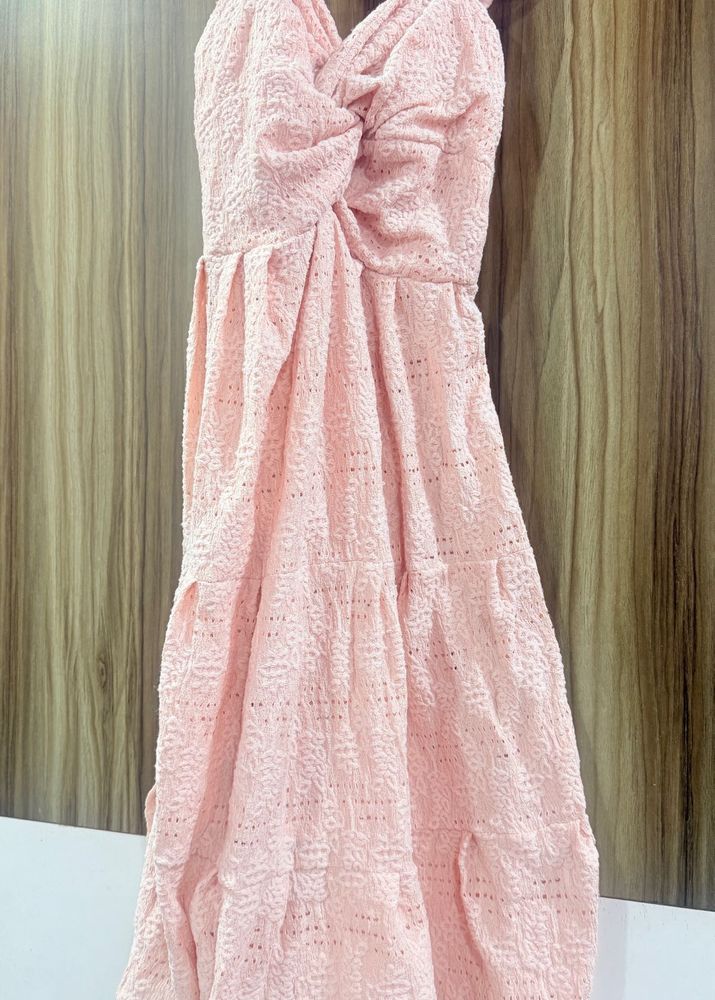 Romantic Blush Pink Eyelet Midi Dress