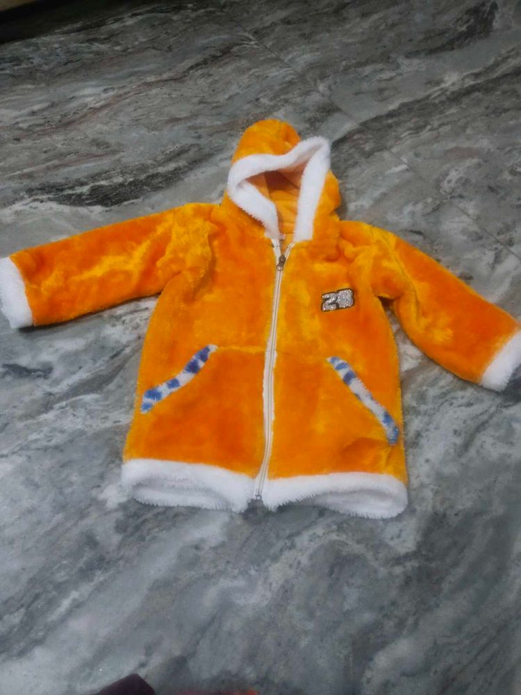 Kids Orange Furry Hooded Jacket