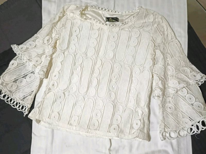 White Lace Top With Ruffle Sleeves For Women