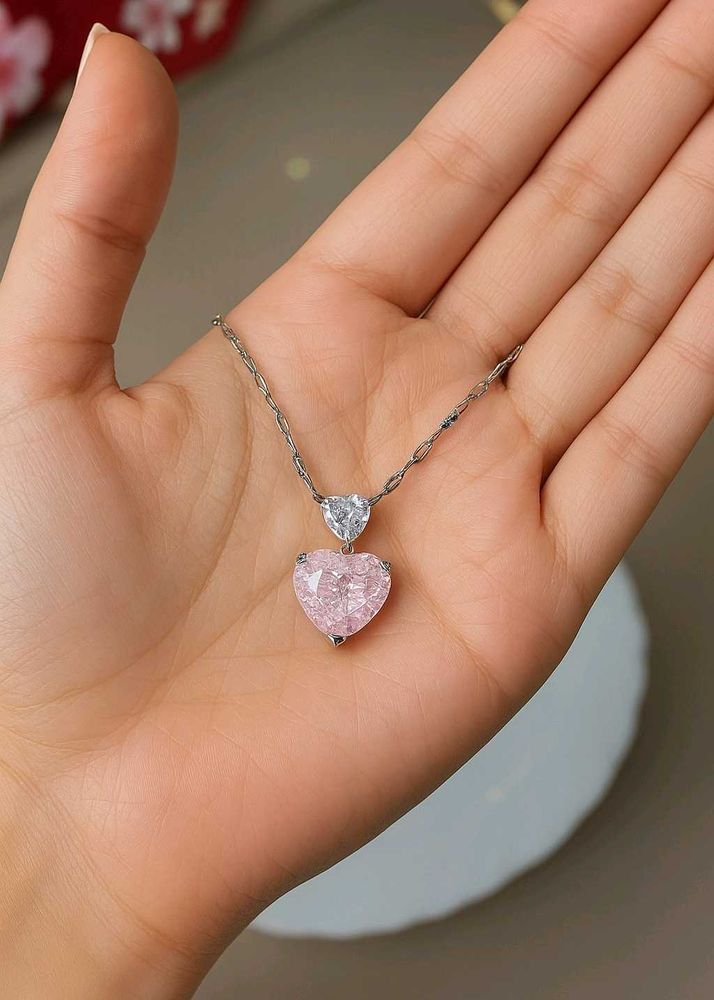 Pink Heart Crystal Silver Chain Pendant
