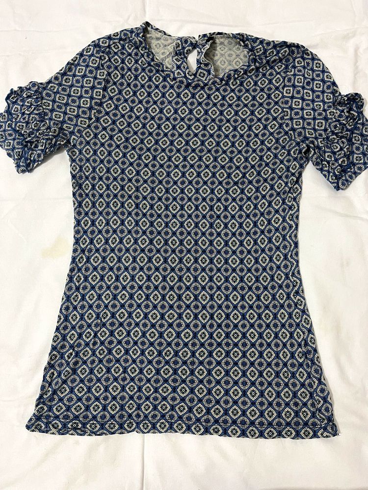 Blue Patterned Ruffle Sleeve Top
