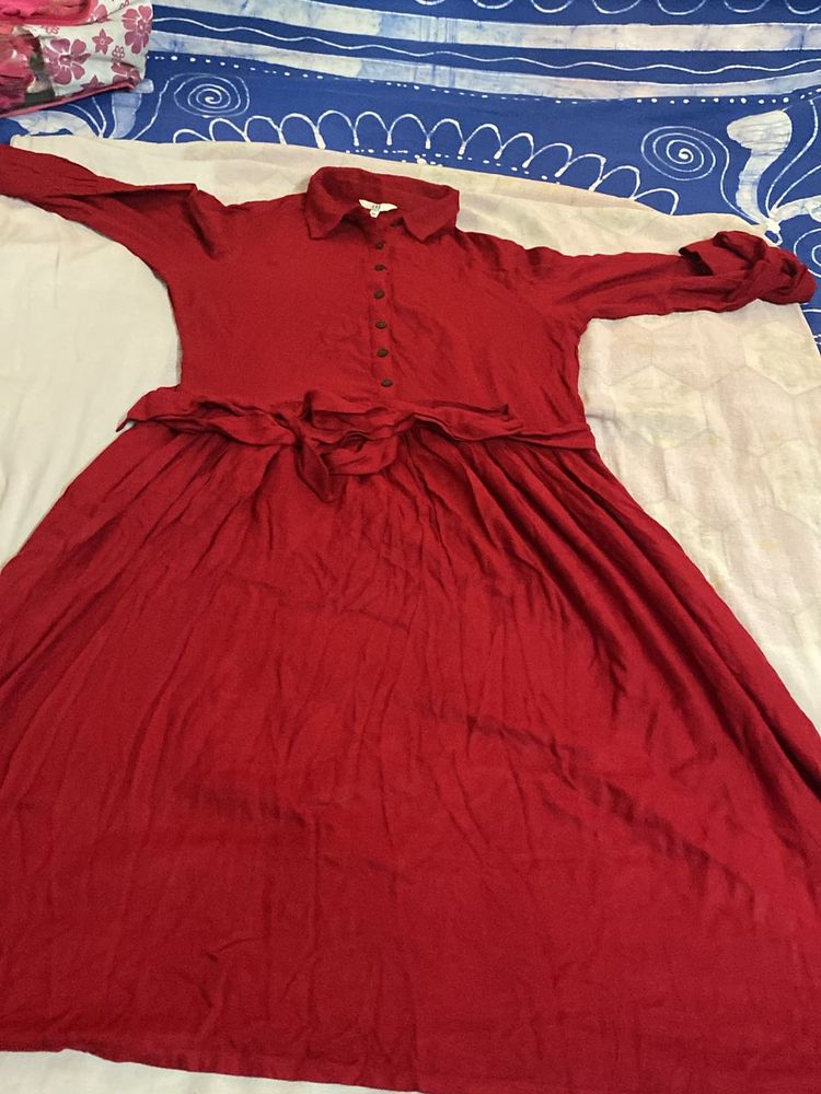 Collard Chest Open Rich Red Full Slv Dress