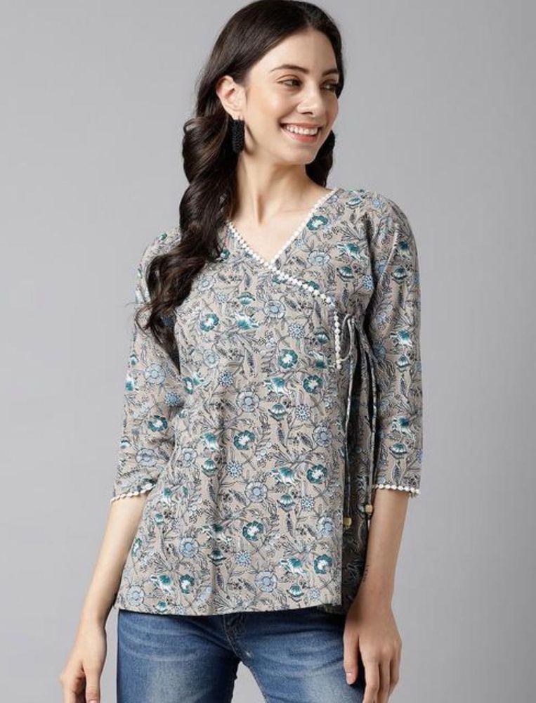 Grey and Blue Floral Printed Cotton Wrap Top
