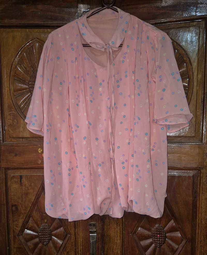 Peach Polka Dot Chiffon Top with Neck Tie