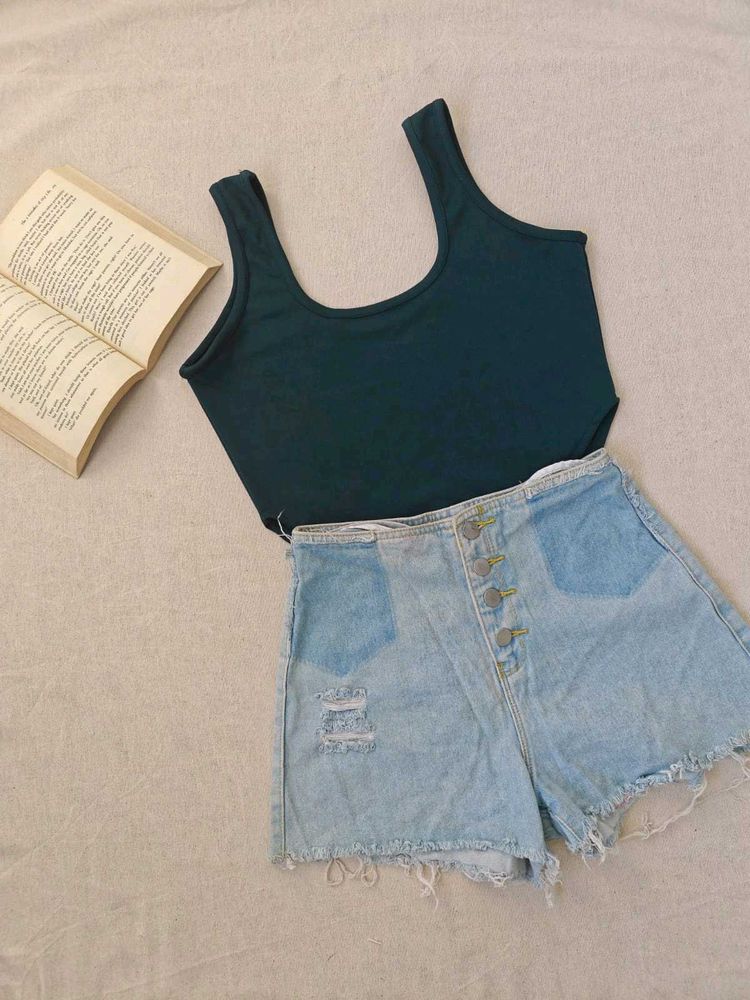 Teal Sleeveless Body-Fit Crop Top
