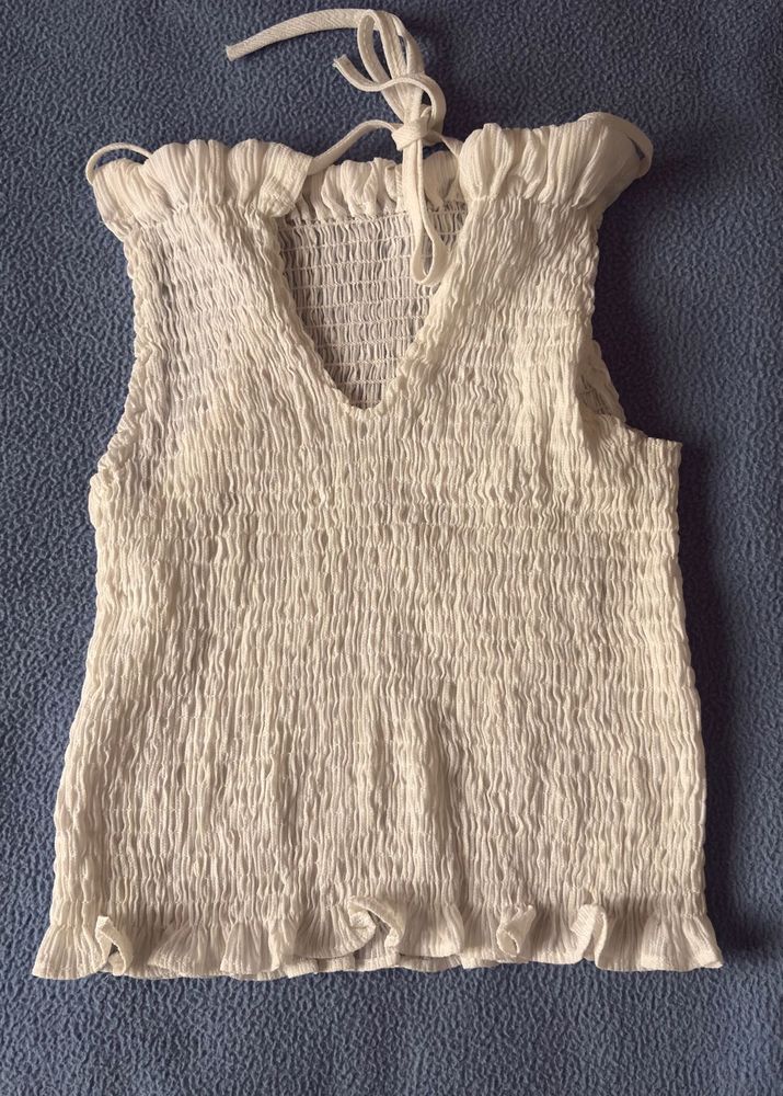 White Shirred Ruffle Tank Top