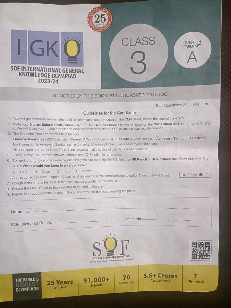 SOF Olympiad IGKO Set A Paper Current Year23-24 Grade 3