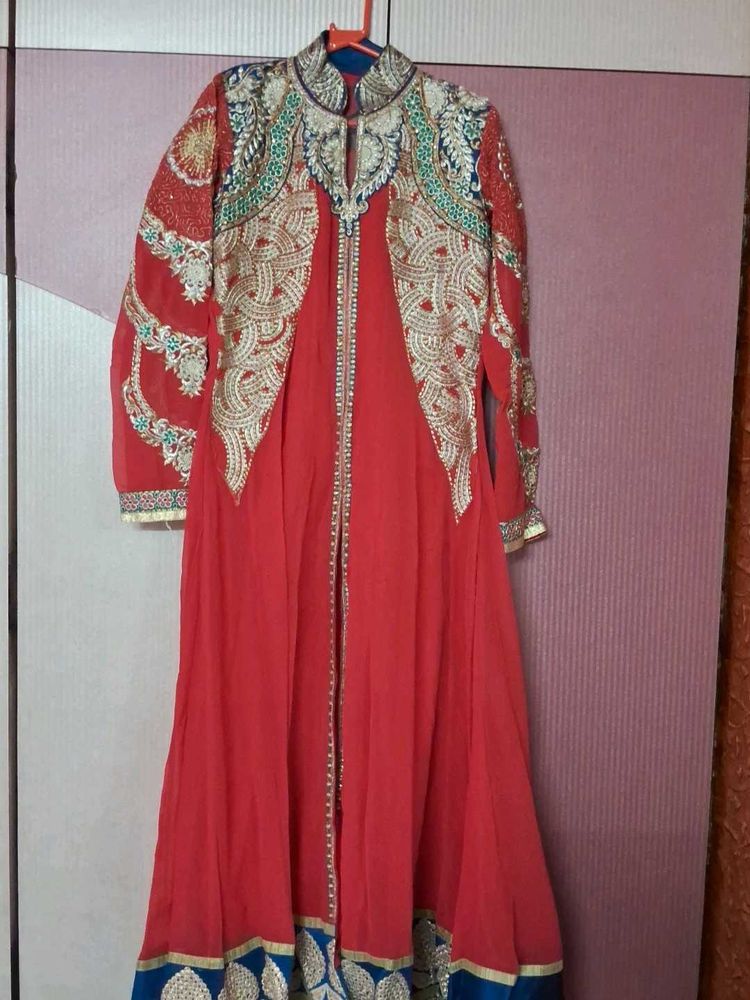 Red &amp; Blue Embroidered A-Line Suit