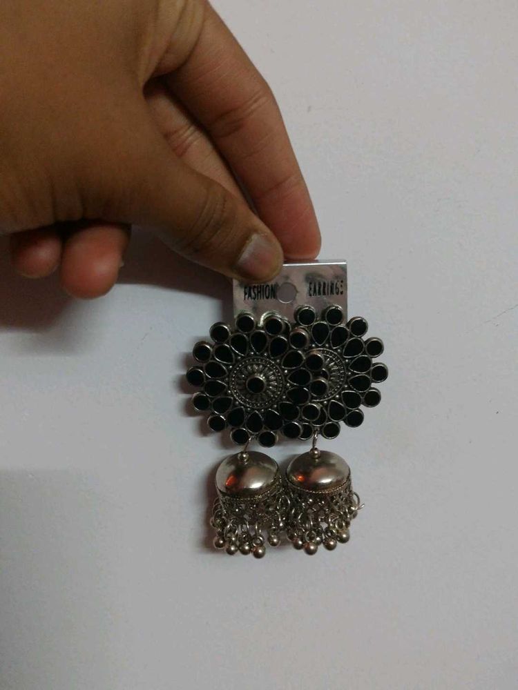 Black Flower Jhumka Earrings