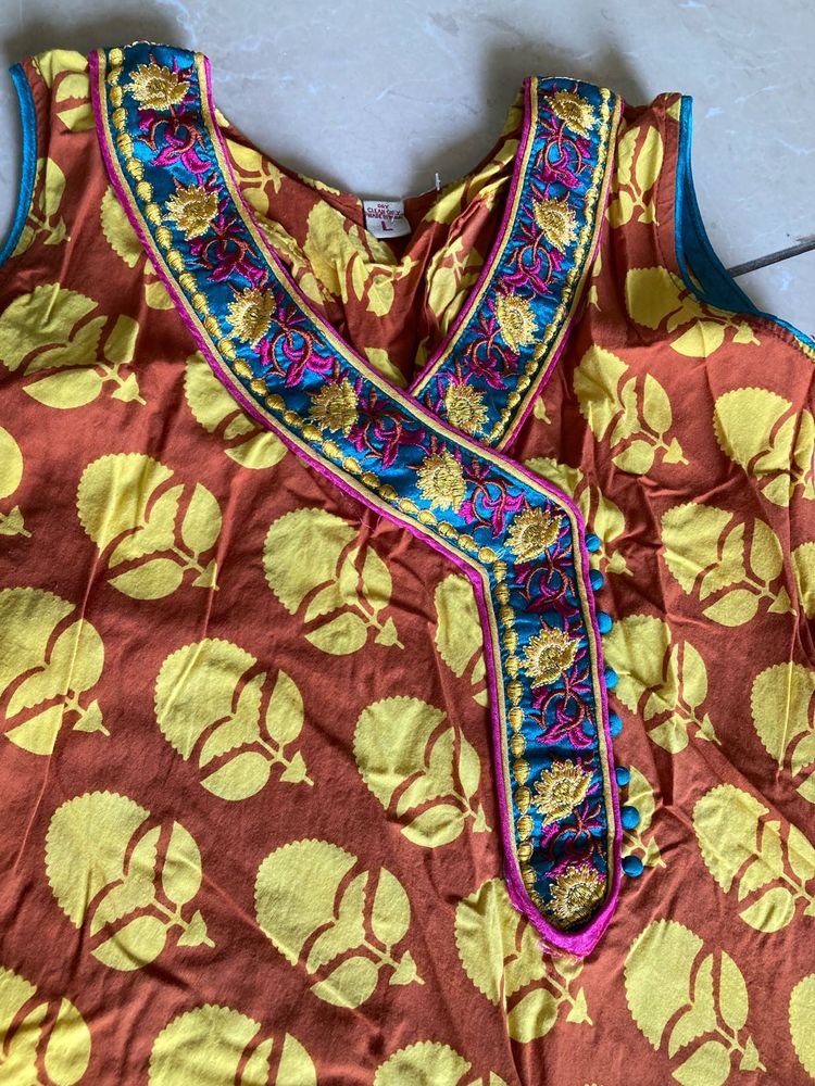 Brown &amp; Yellow Embroidered Kurta
