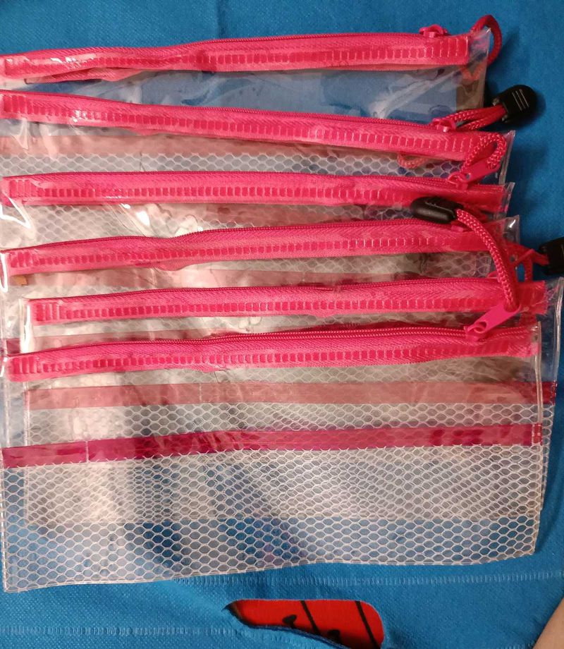 Set of 6 Pink Zippered Clear Pouches