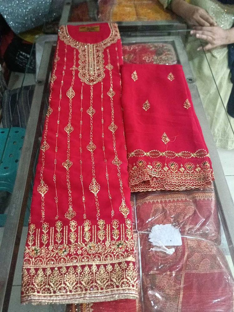 Red &amp; Gold Embroidered Salwar Kameez Suit