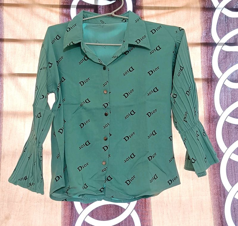 Sea Green Shirt Pattern Crop Top