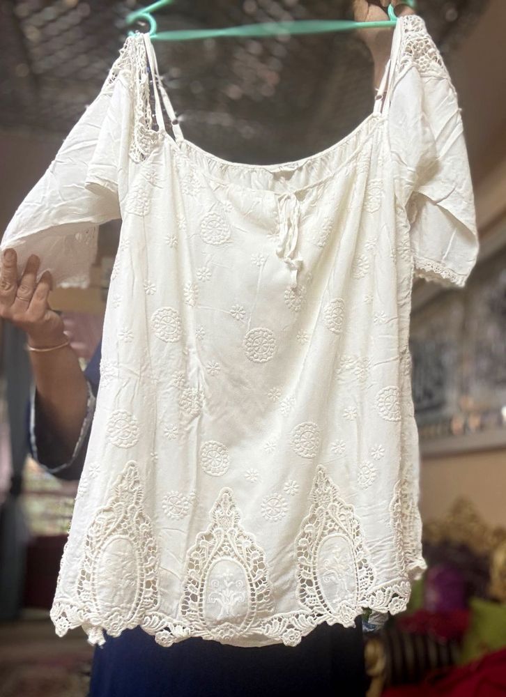 Designer Off-Shoulder Embroidered Cutwork Top