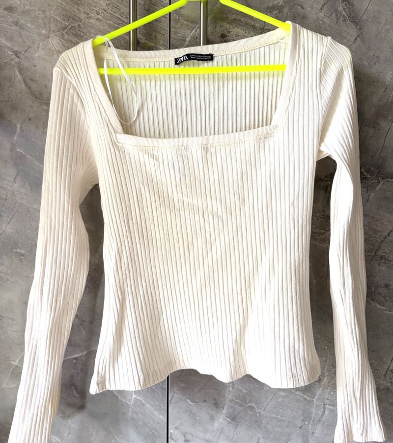 Zara Ribbed Square Neck Top
