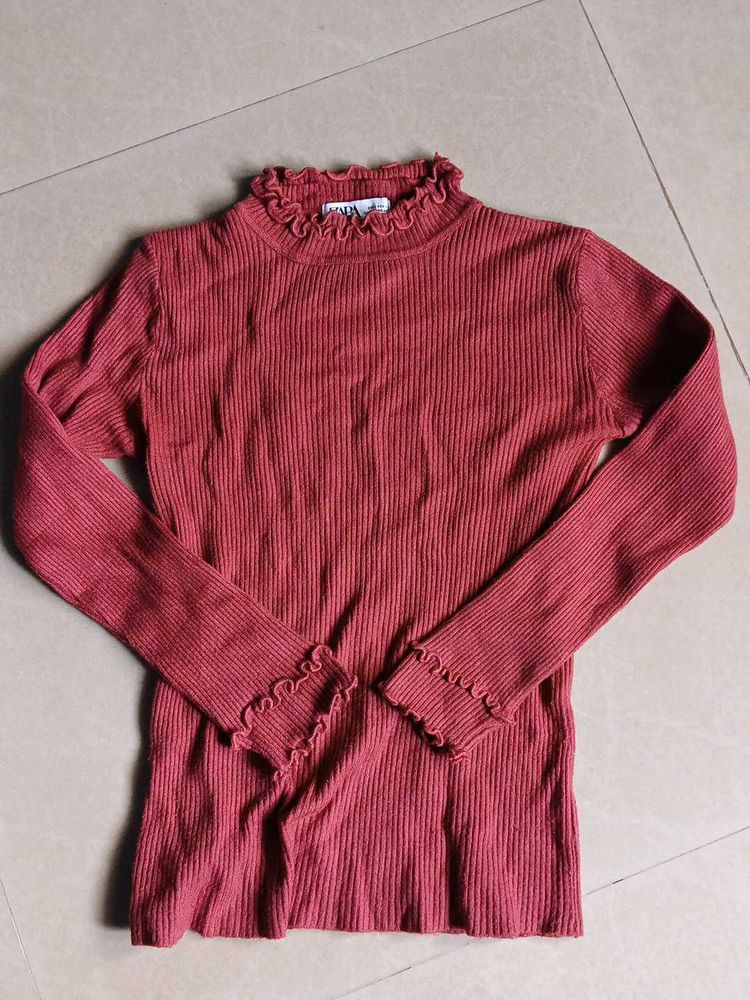 Rust Ruffle Trim Knit Top