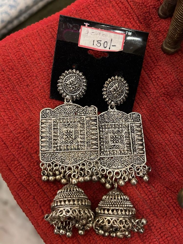 Oxidized Silver Jhumka Earrings