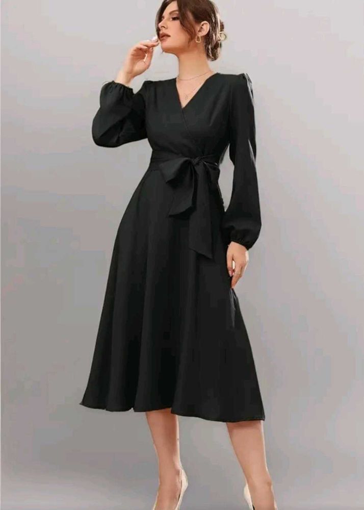 Plain Black Maxi Belted Dress