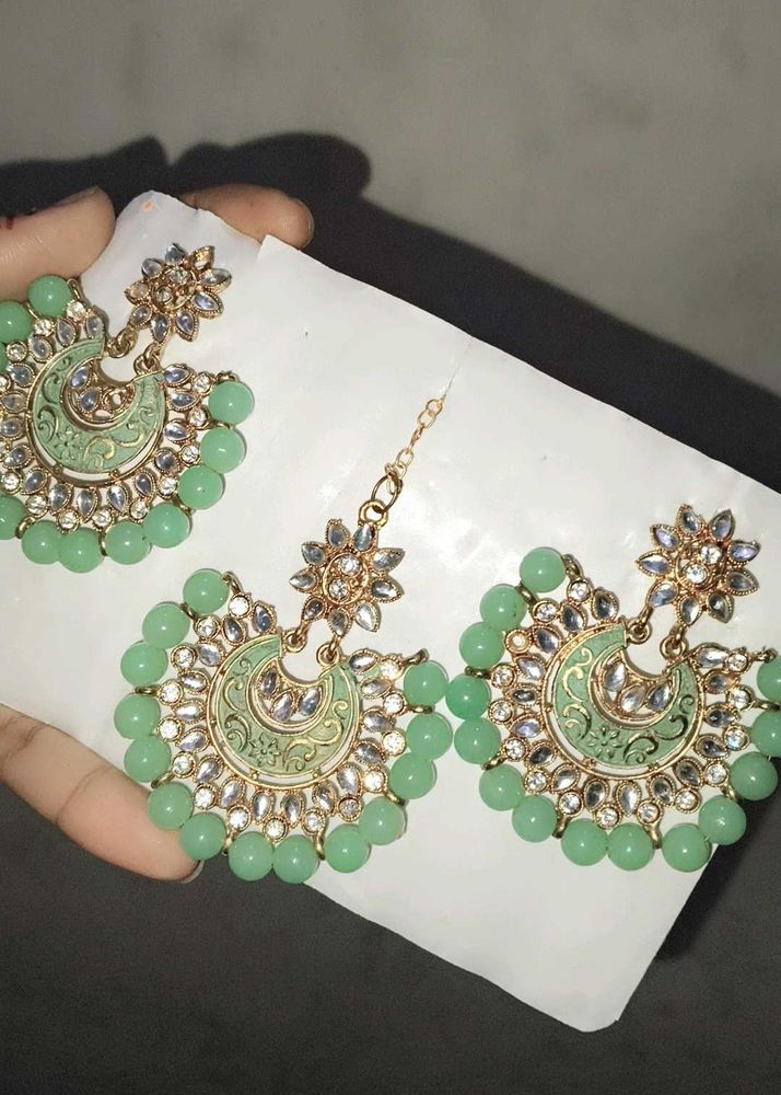 Mint Green Earring &amp; Maang Tikka Set