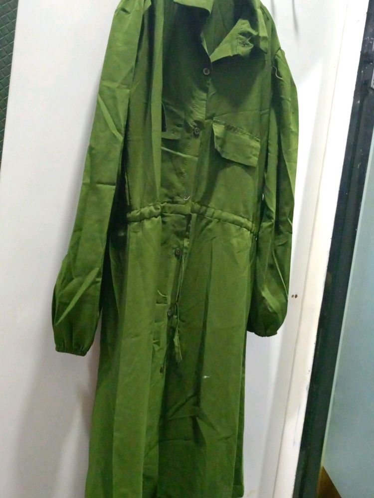 Dark Green Pocket Design Elastic Dress