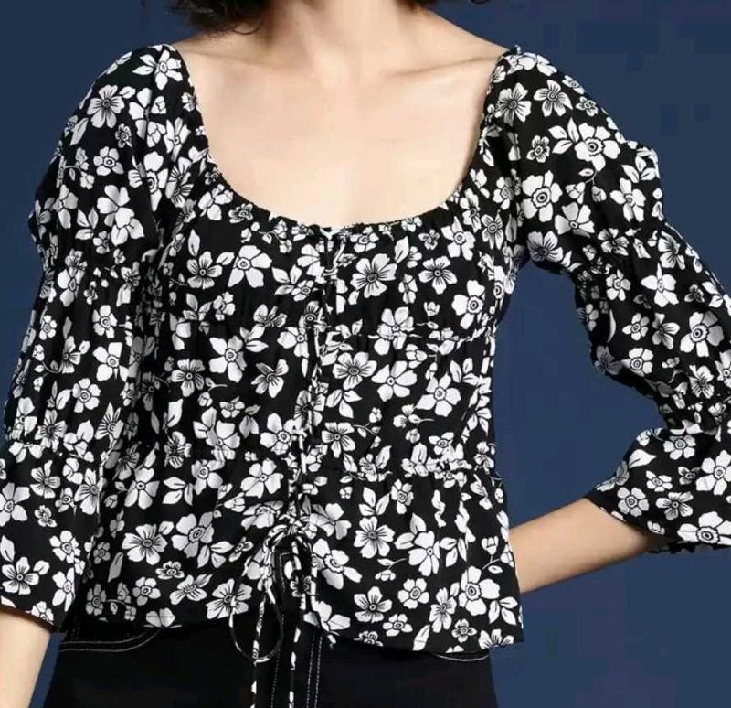 Cute Black Floral Top With Tie-up Knot