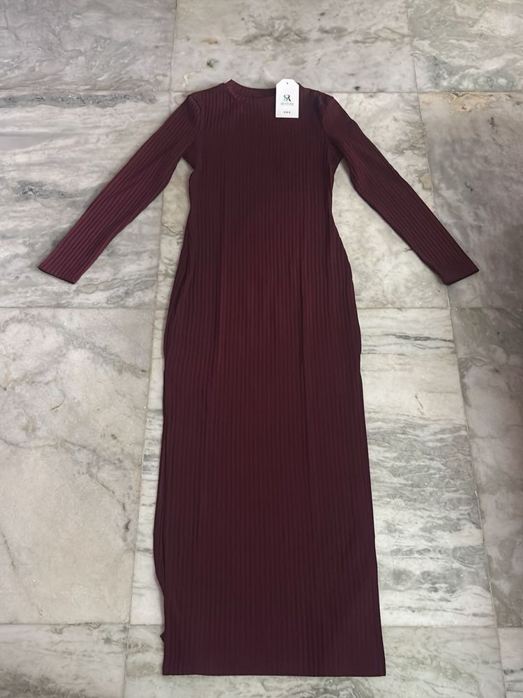 Burgundy Ribbed Knit Maxi Top With Slit