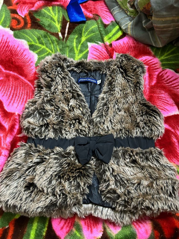 Kids Faux Fur Sleeveless Jacket with Bow Belt