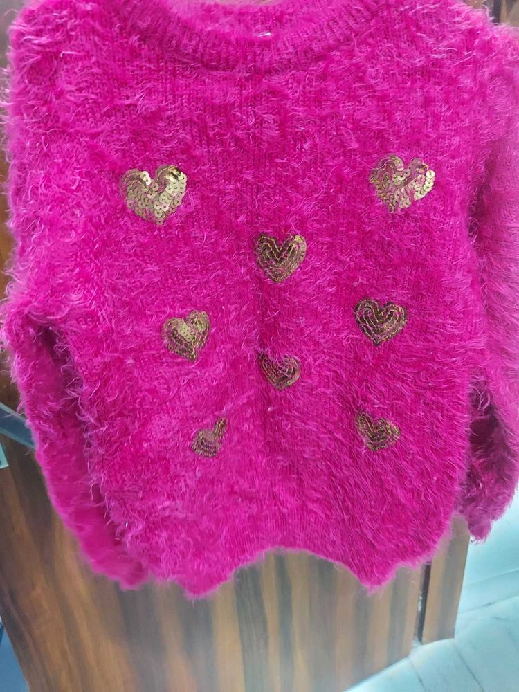 Pink Sequin Heart Girls Sweater