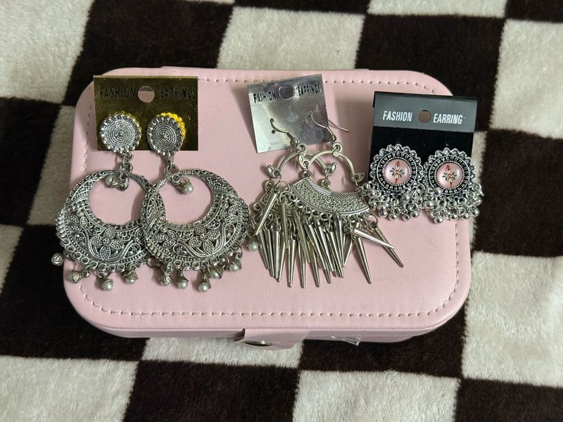 Ethnic Silver Jhumka Earrings set of three