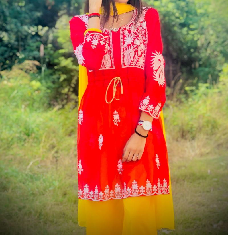 Red Chikankari Kurti