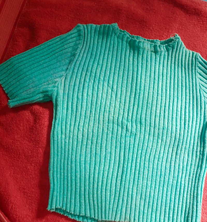 Sea Green Ribbed Nit Tops For Women