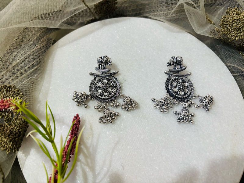 Oxidized Silver Elephant Earrings