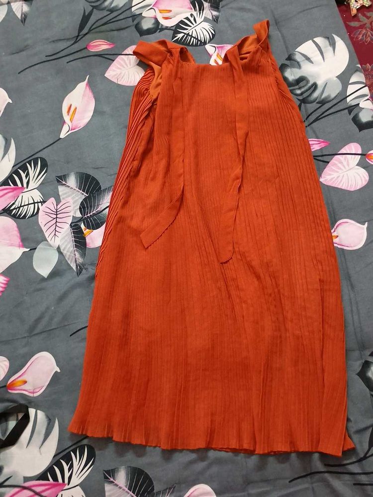 Orange Pleated Tie-Shoulder Dress