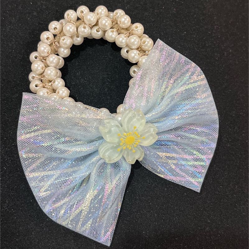 Pearl Beaded Rubber Band With Blue Bow