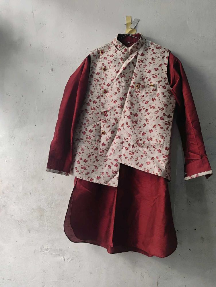 Maroon Kurta with Floral Vest