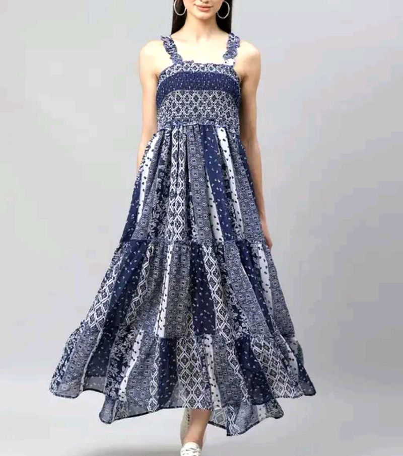 Blue And White Floral Design Maxi Dress
